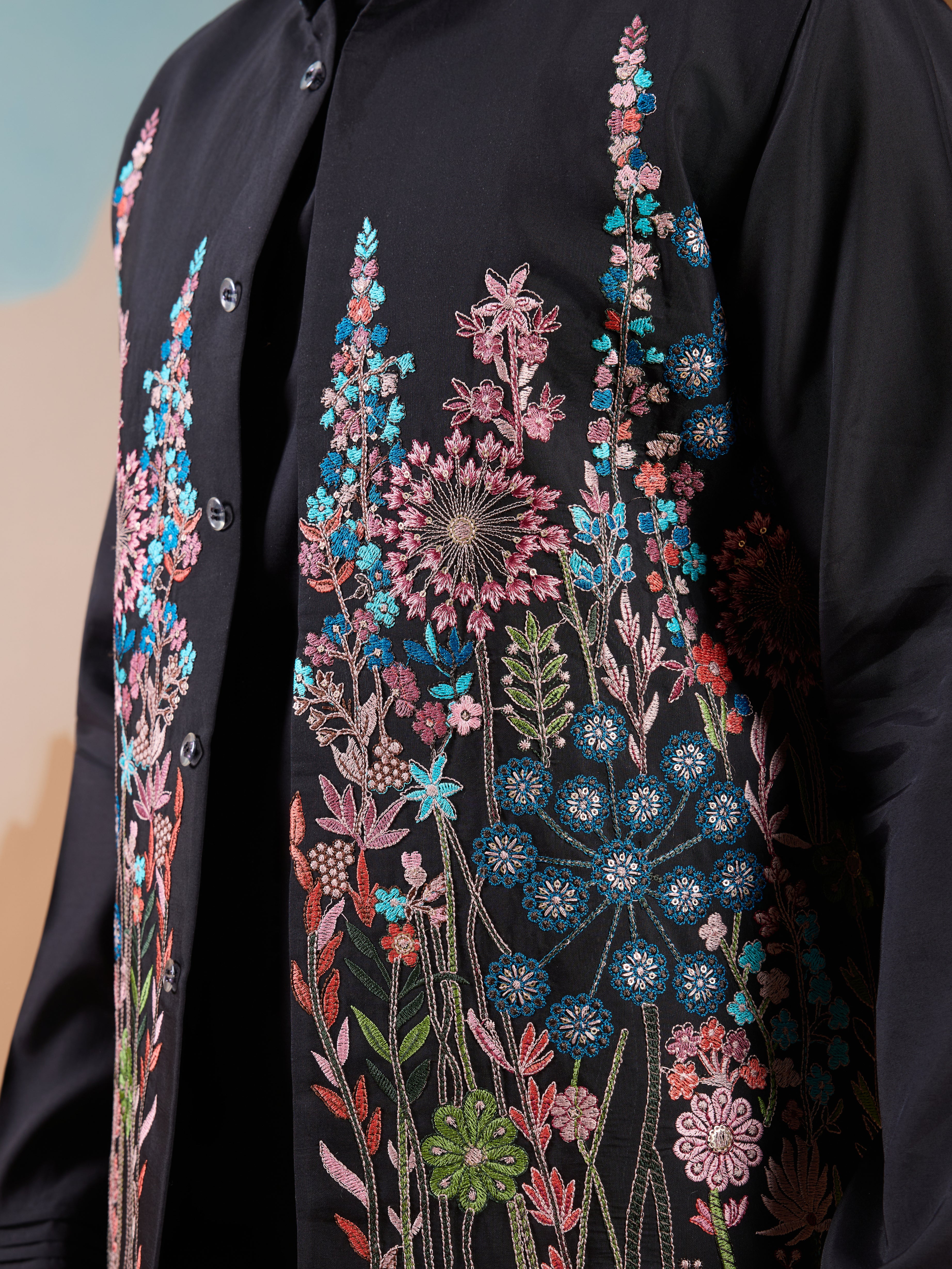 Magic Black Wedding Look Koti Kurta Set for Mens Wear