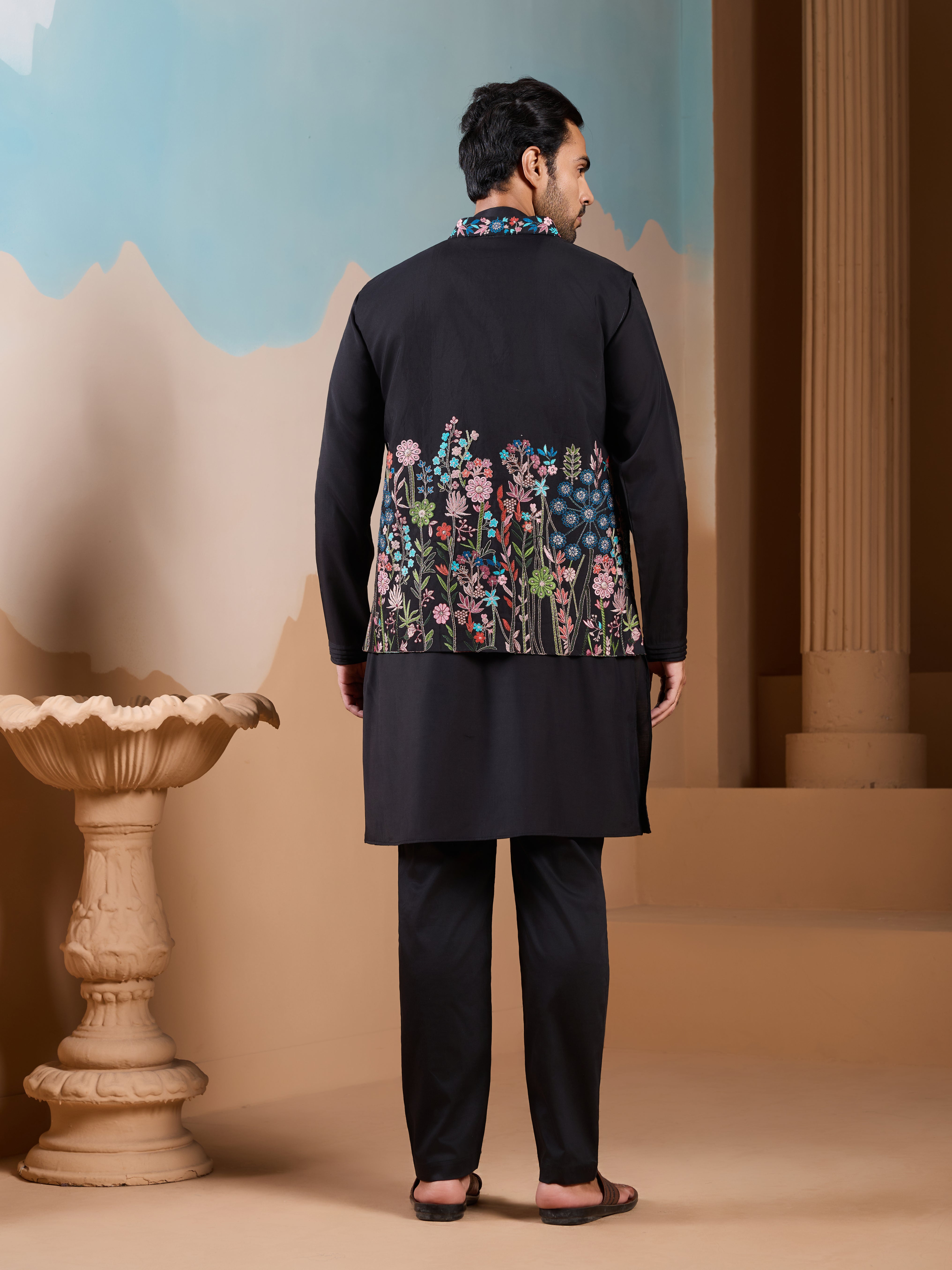 Magic Black Wedding Look Koti Kurta Set for Mens Wear