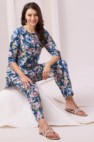 Blue Platinum Crepe Printed Work Co-Ords Collection At Tulip