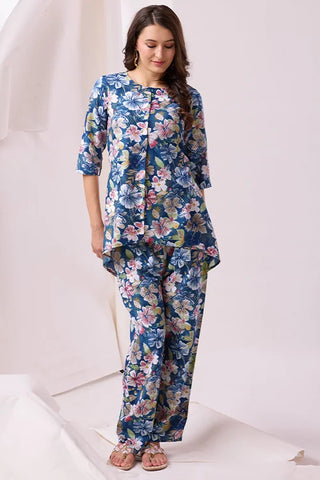 Blue Platinum Crepe Printed Work Co-Ords Collection At Tulip