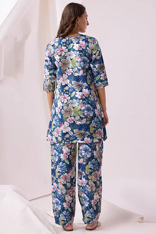 Blue Platinum Crepe Printed Work Co-Ords Collection At Tulip