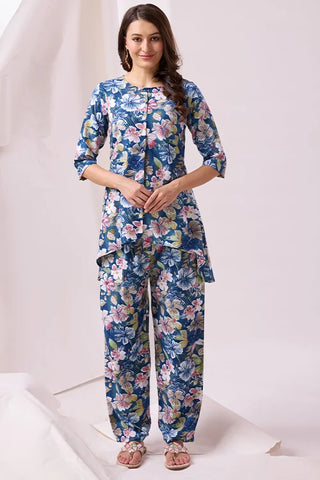 Blue Platinum Crepe Printed Work Co-Ords Collection At Tulip