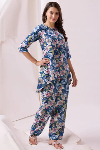 Blue Platinum Crepe Printed Work Co-Ords Collection At Tulip