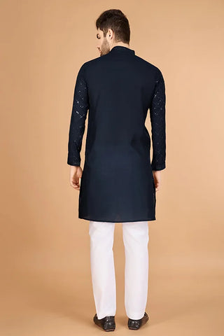 Navy Viscose Fabric Embroidered Traditional Kurta for Mens Wear