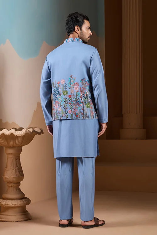Vibrant Sky Blue Koti Kurta Pajama for Mens Outfits