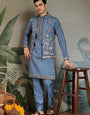 Blue Gray Open Koti Style Full Kurta Pajama Set for Men