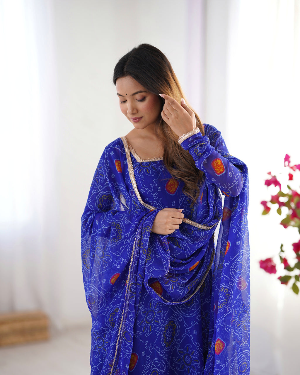 Pure Soft Light Weight Bandhej Fully Flaired Gown, Dupatta and Pent Set Ready to Wear Fully Stitched-Royal Blue
