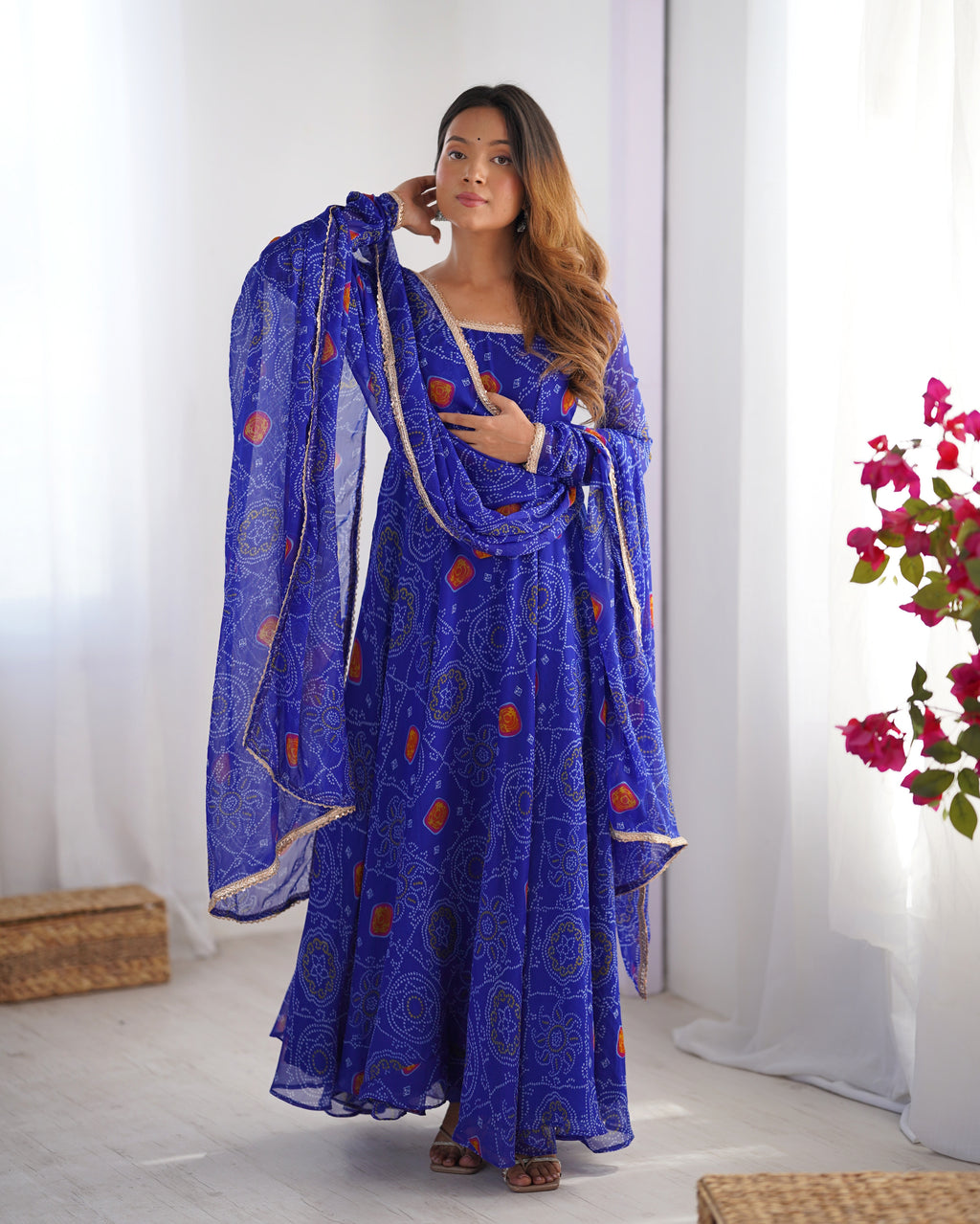 Pure Soft Light Weight Bandhej Fully Flaired Gown, Dupatta and Pent Set Ready to Wear Fully Stitched-Royal Blue
