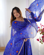 Pure Soft Light Weight Bandhej Fully Flaired Gown, Dupatta and Pent Set Ready to Wear Fully Stitched-Royal Blue
