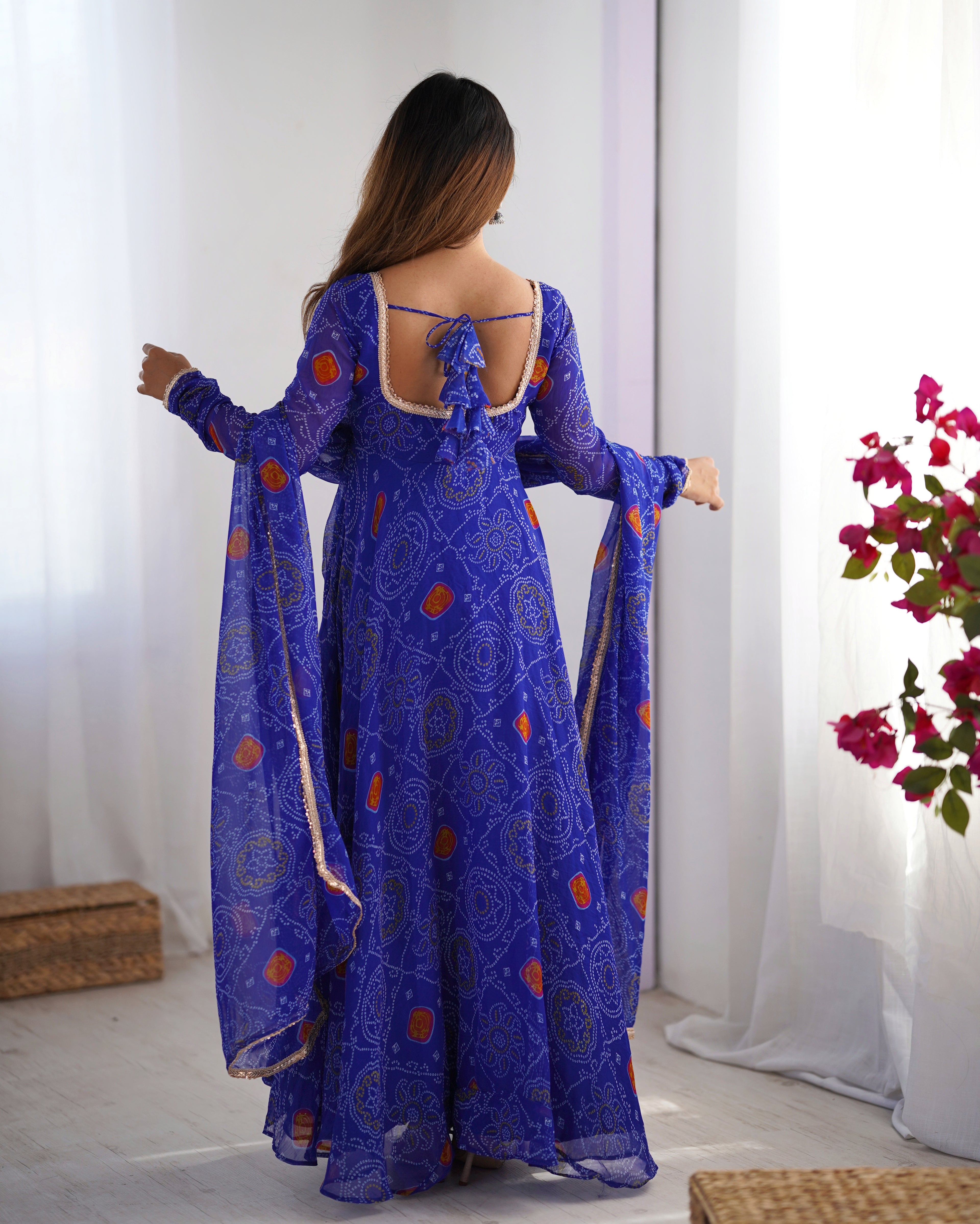Pure Soft Light Weight Bandhej Fully Flaired Gown, Dupatta and Pent Set Ready to Wear Fully Stitched-Royal Blue
