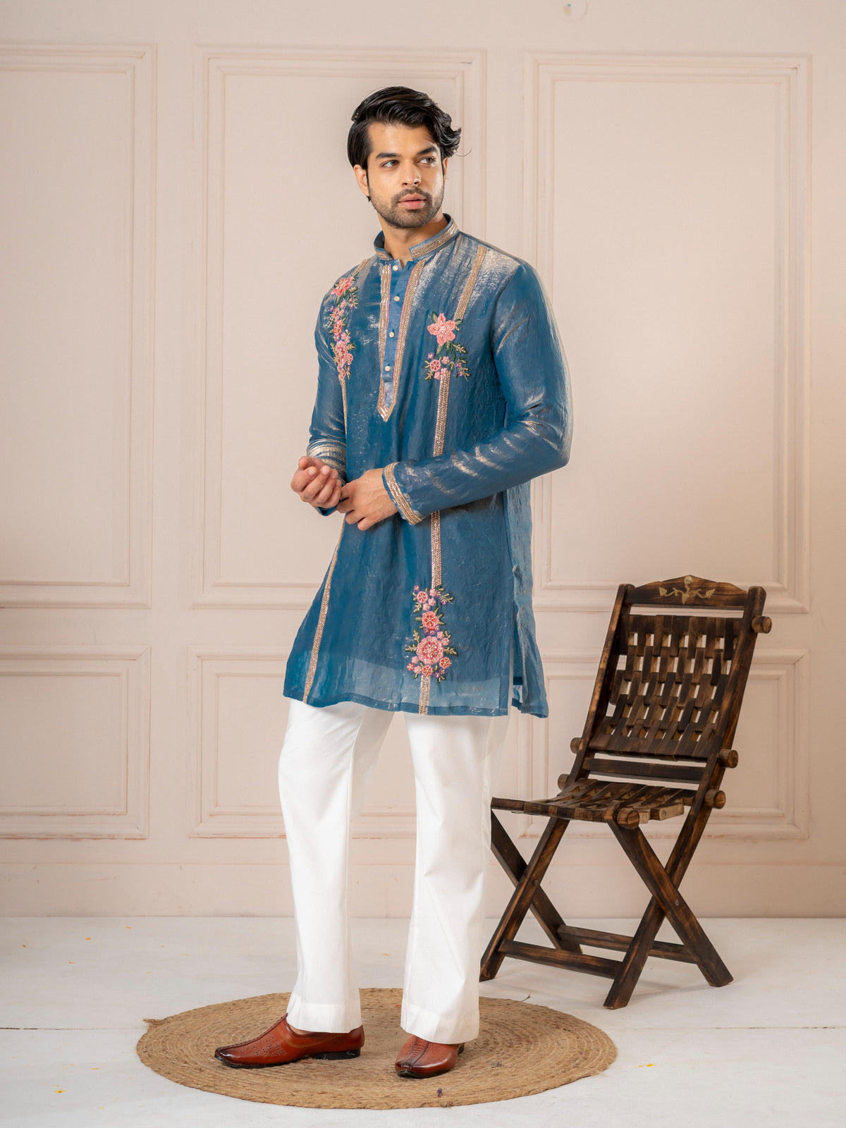 Blue Crush Tissue Thread Beads Kurta Set | Tulip Designer
