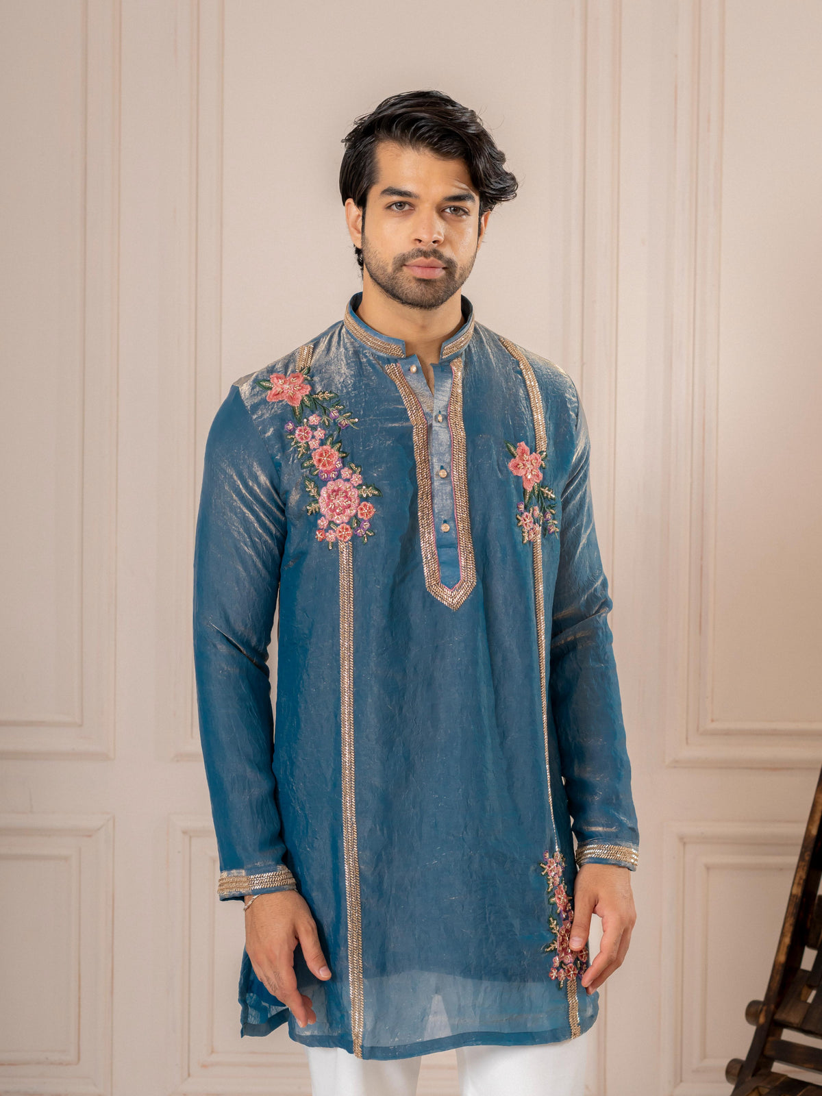 Blue Crush Tissue Thread Beads Kurta Set | Tulip Designer
