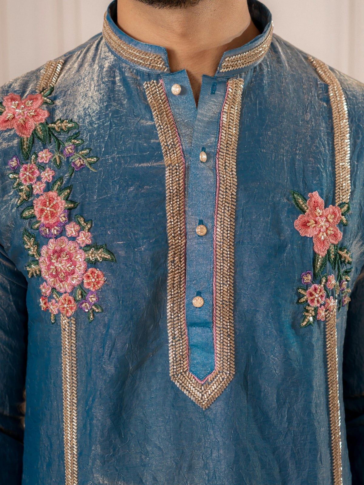 Blue Crush Tissue Thread Beads Kurta Set | Tulip Designer
