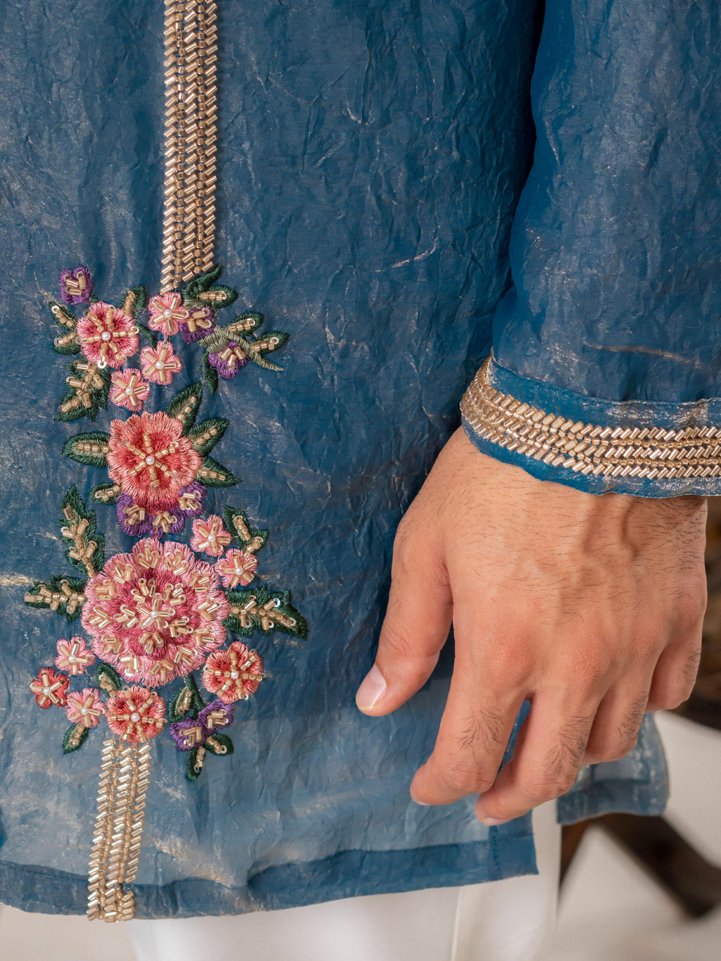 Blue Crush Tissue Thread Beads Kurta Set | Tulip Designer
