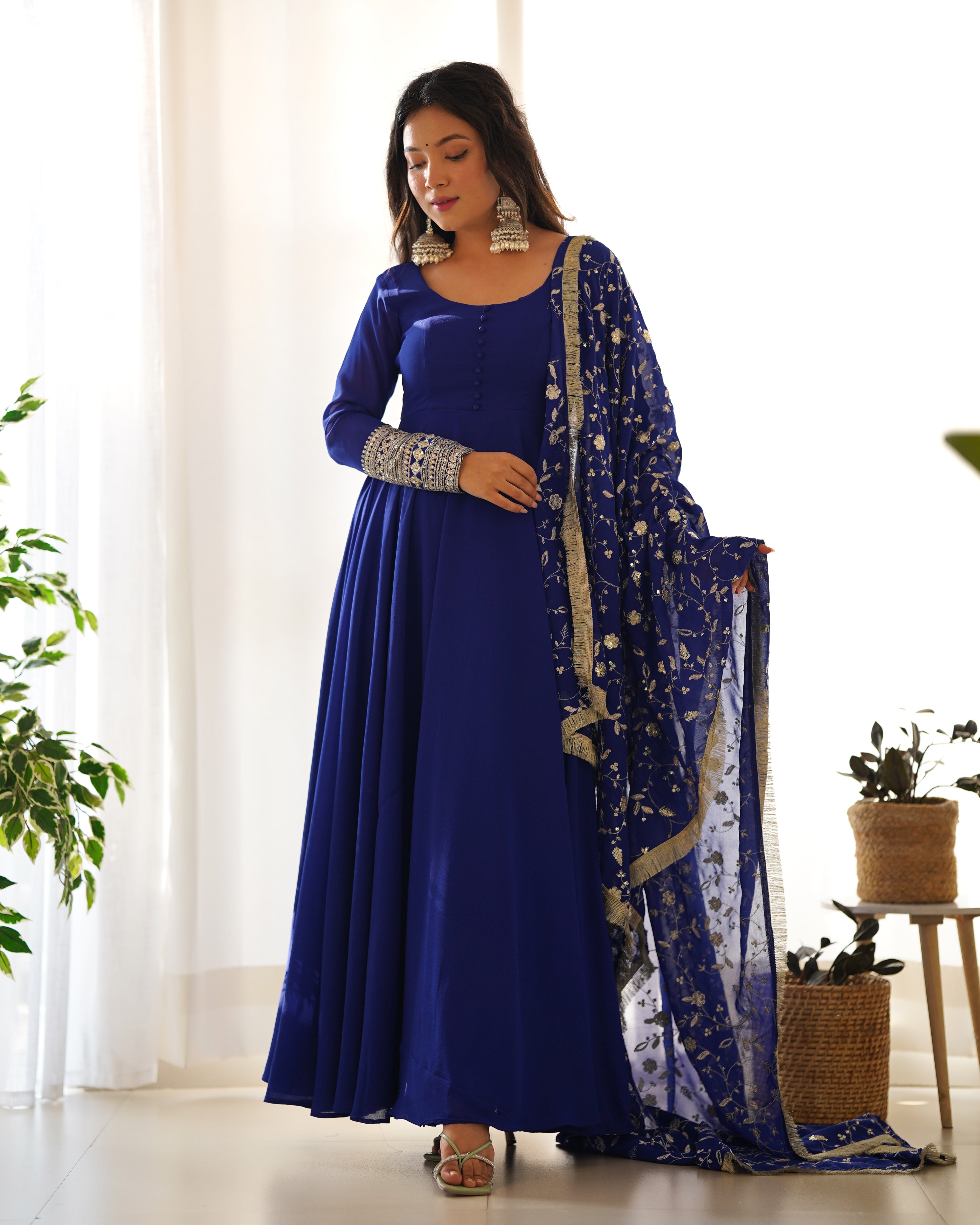 Royal Blue Color Pure Faux Georgette Kurti With Huge Flair Comes With Duppatta & Pant
