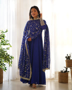 Royal Blue Color Pure Faux Georgette Kurti With Huge Flair Comes With Duppatta & Pant