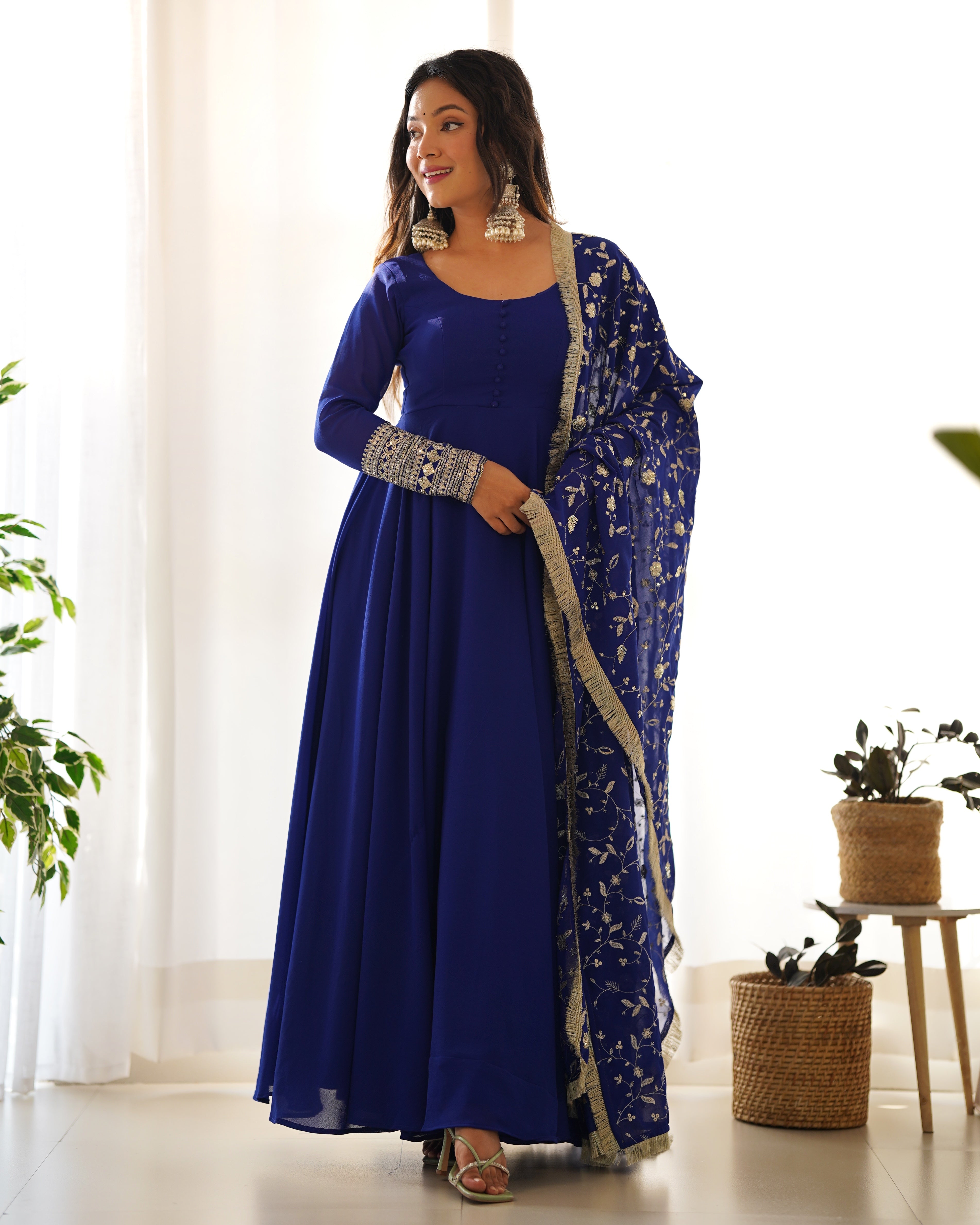 Royal Blue Color Pure Faux Georgette Kurti With Huge Flair Comes With Duppatta & Pant