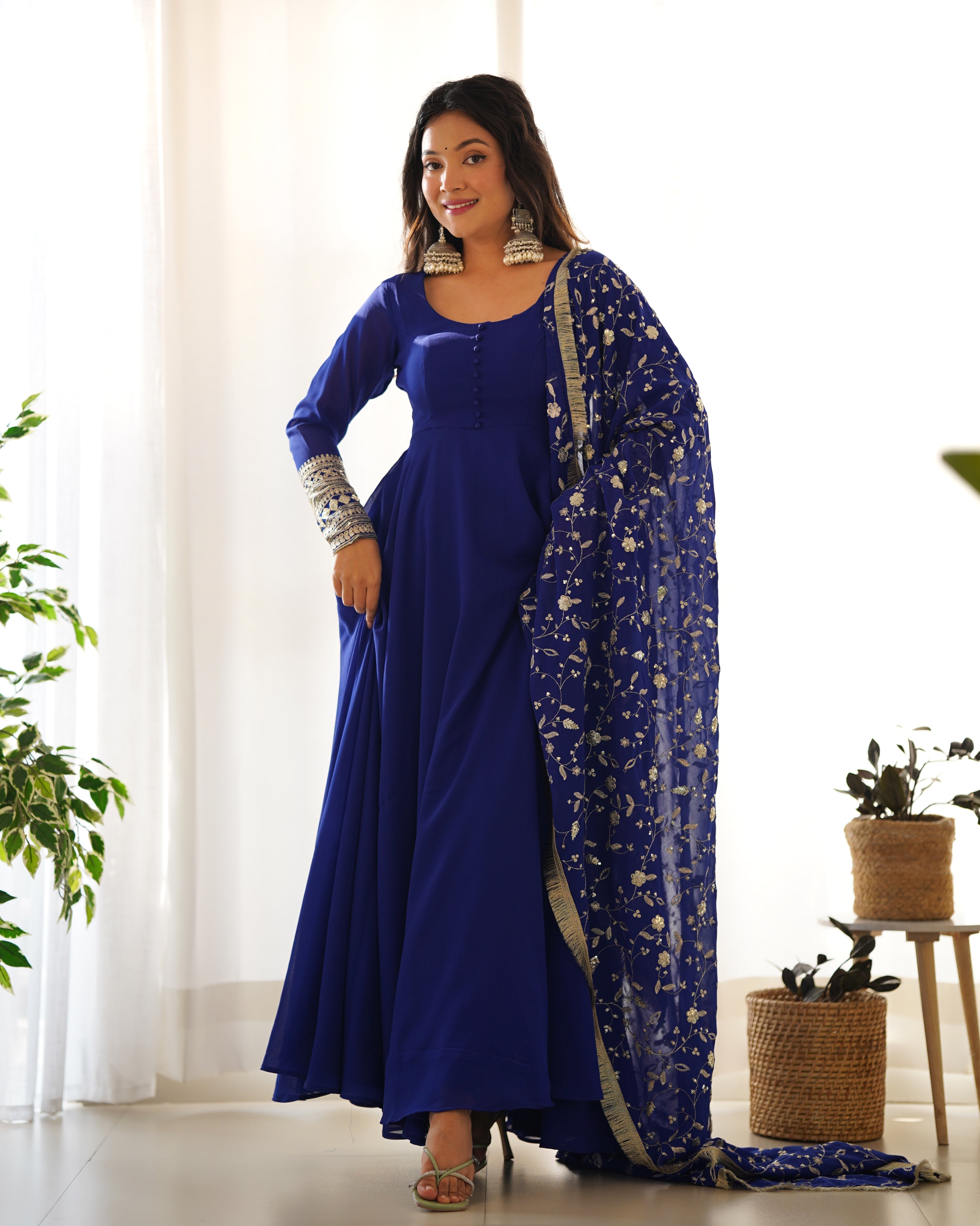 Royal Blue Color Pure Faux Georgette Kurti With Huge Flair Comes With Duppatta & Pant
