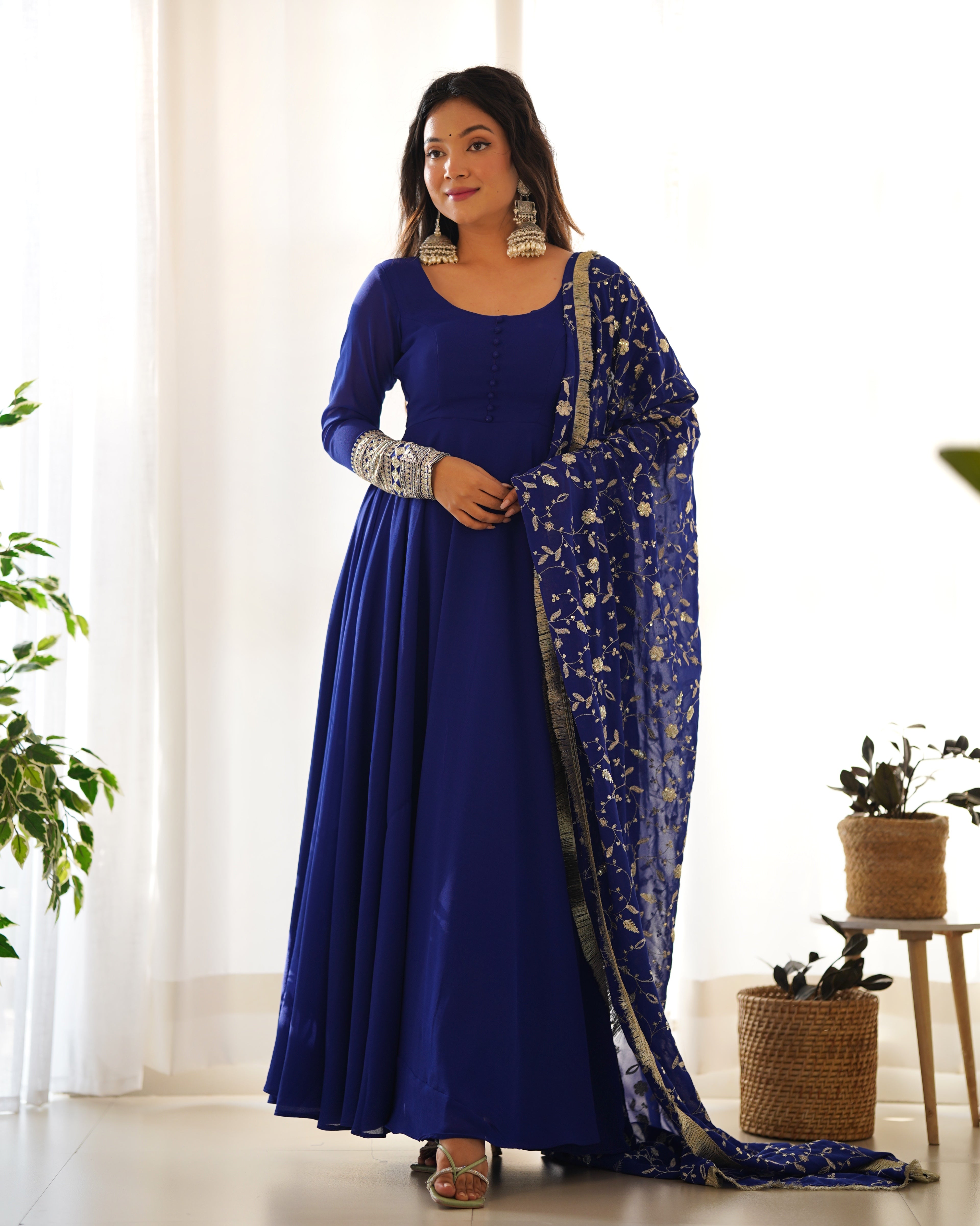 Royal Blue Color Pure Faux Georgette Kurti With Huge Flair Comes With Duppatta & Pant
