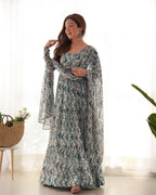 Light Blue Color Pure Faux Georgette Zigzag Print Fabric With Huge Flair Comes With Duppatta & Pant
