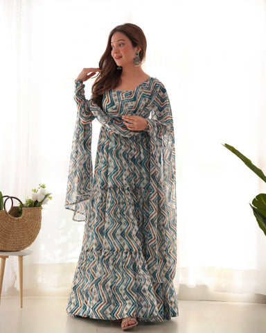 Light Blue Color Pure Faux Georgette Zigzag Print Fabric With Huge Flair Comes With Duppatta & Pant
