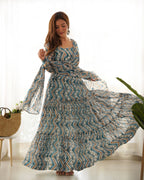 Light Blue Color Pure Faux Georgette Zigzag Print Fabric With Huge Flair Comes With Duppatta & Pant
