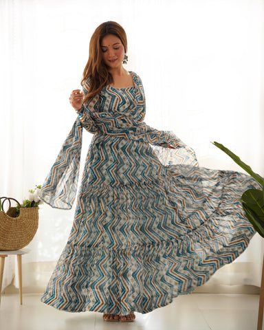 Light Blue Color Pure Faux Georgette Zigzag Print Fabric With Huge Flair Comes With Duppatta & Pant
