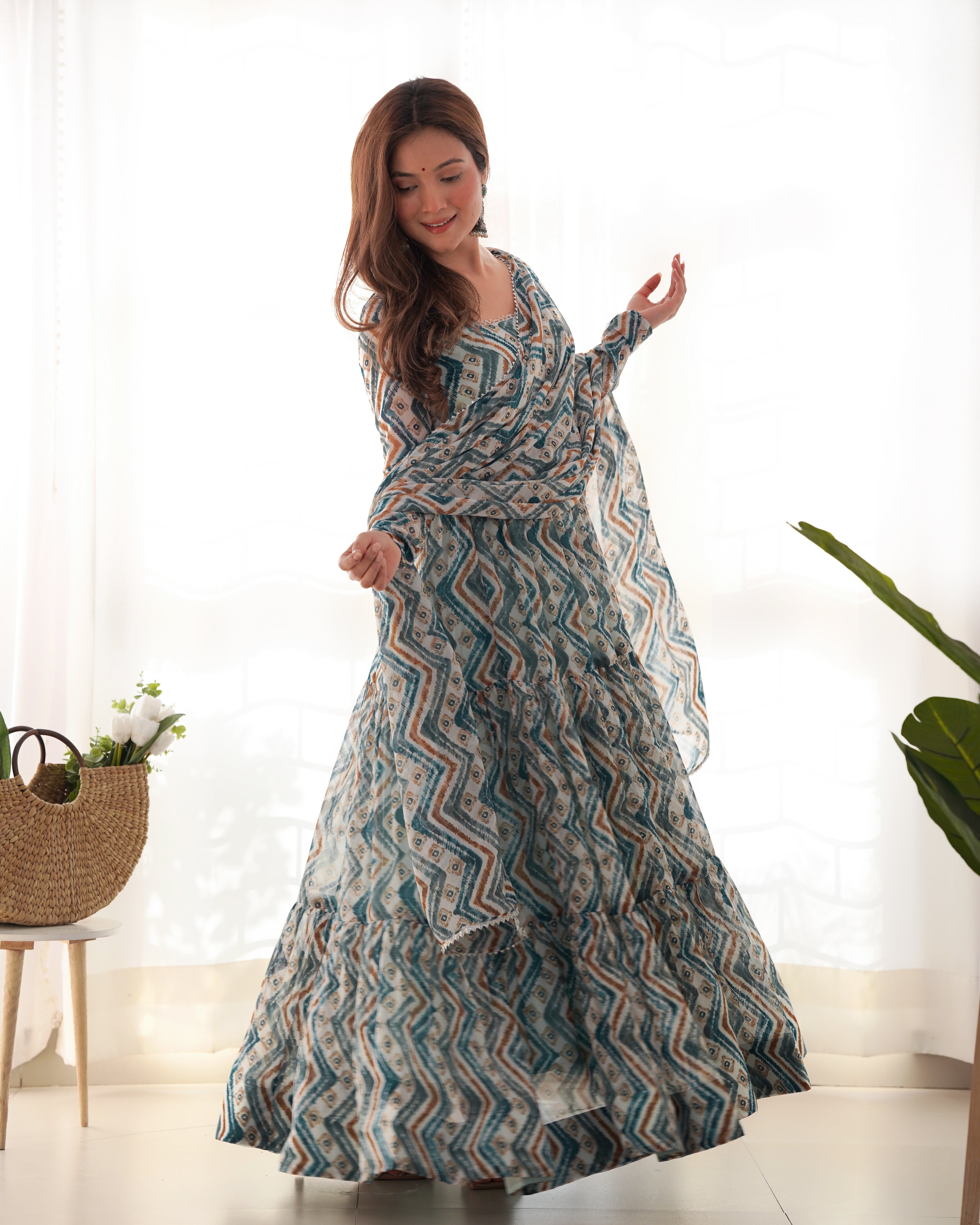 Light Blue Color Pure Faux Georgette Zigzag Print Fabric With Huge Flair Comes With Duppatta & Pant
