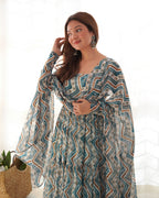 Light Blue Color Pure Faux Georgette Zigzag Print Fabric With Huge Flair Comes With Duppatta & Pant

