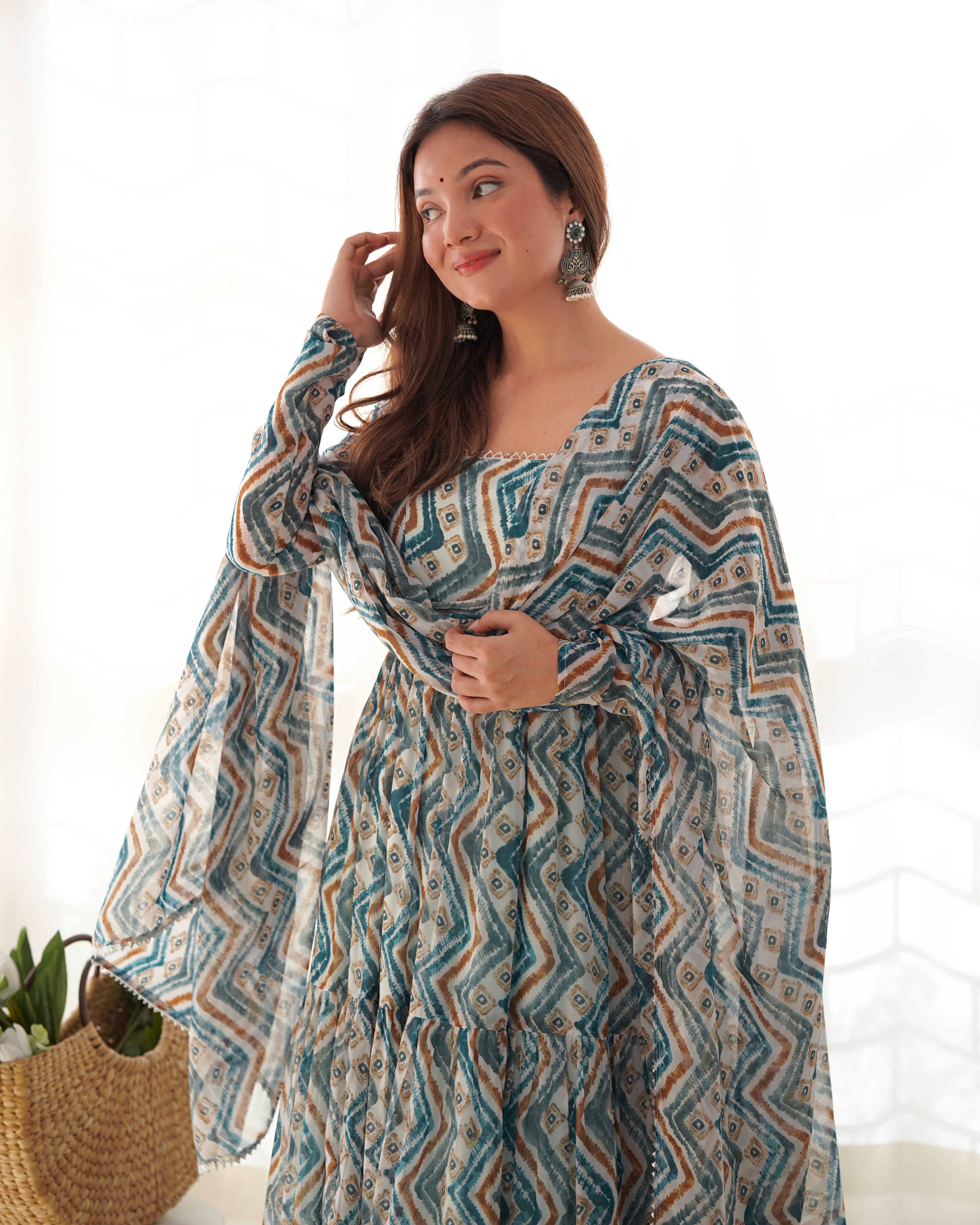 Light Blue Color Pure Faux Georgette Zigzag Print Fabric With Huge Flair Comes With Duppatta & Pant

