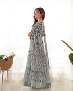Light Blue Color Pure Faux Georgette Zigzag Print Fabric With Huge Flair Comes With Duppatta & Pant
