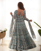 Light Blue Color Pure Faux Georgette Zigzag Print Fabric With Huge Flair Comes With Duppatta & Pant
