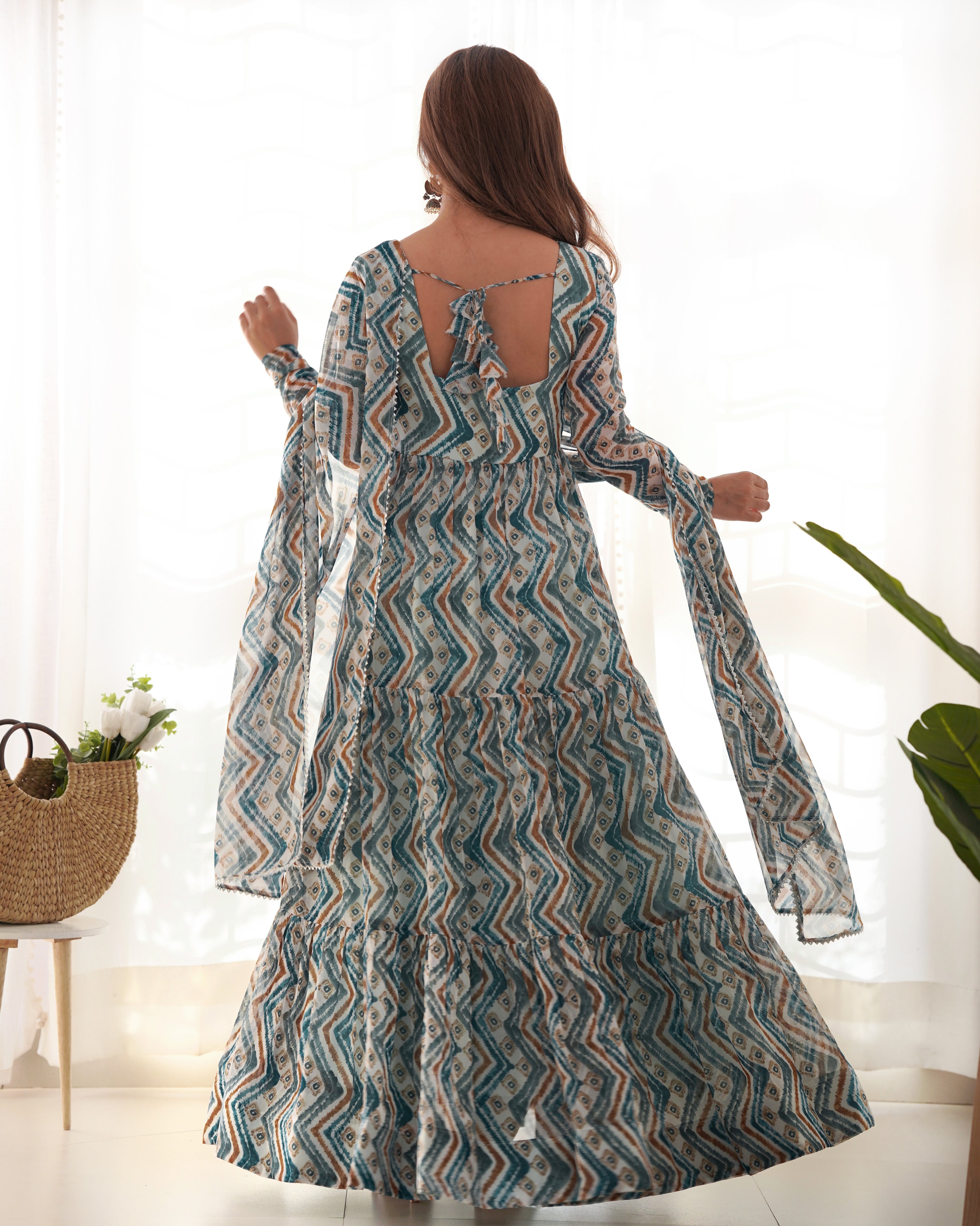 Light Blue Color Pure Faux Georgette Zigzag Print Fabric With Huge Flair Comes With Duppatta & Pant
