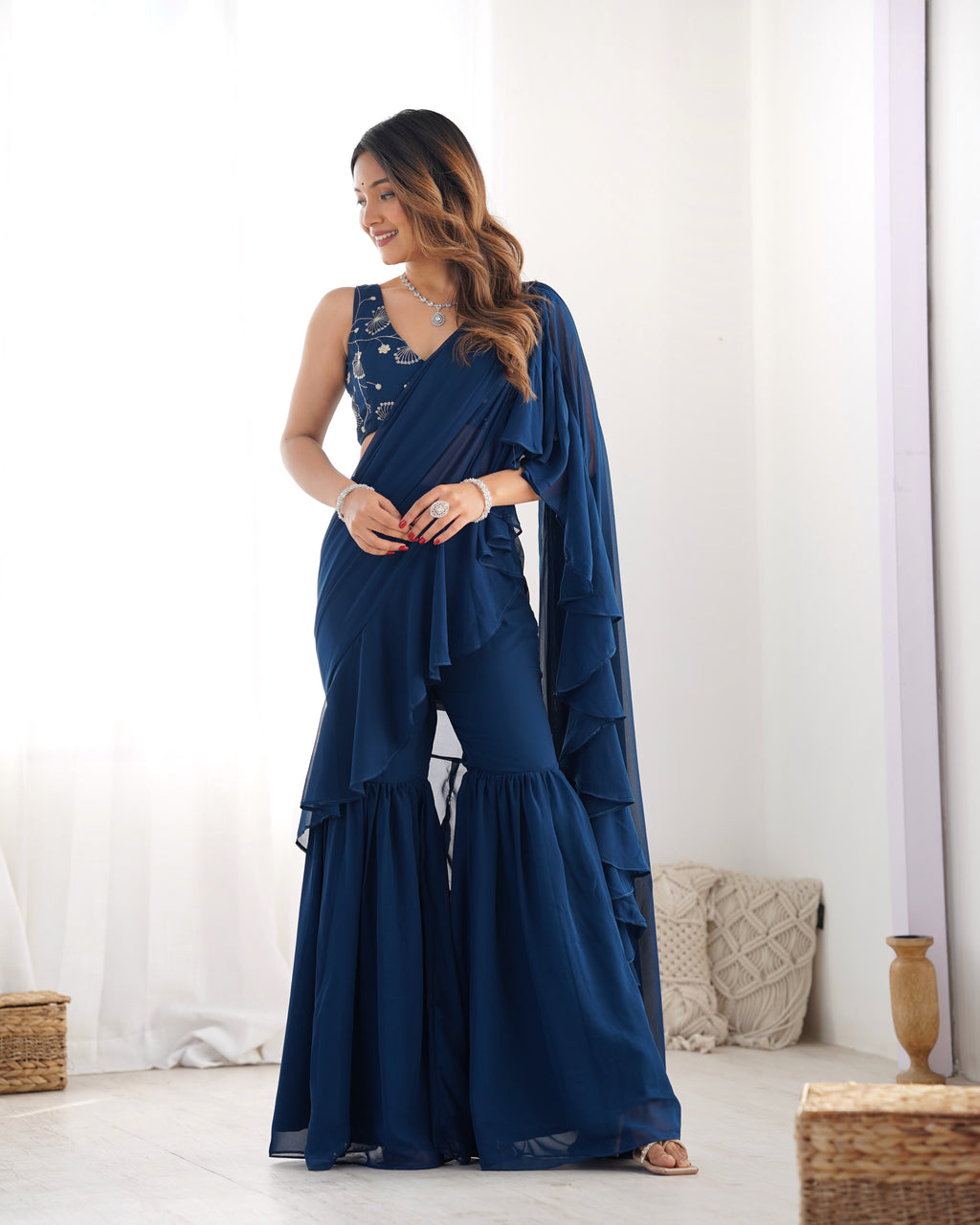 Fancy Pure Faux Georgette Sharara Style Saree
