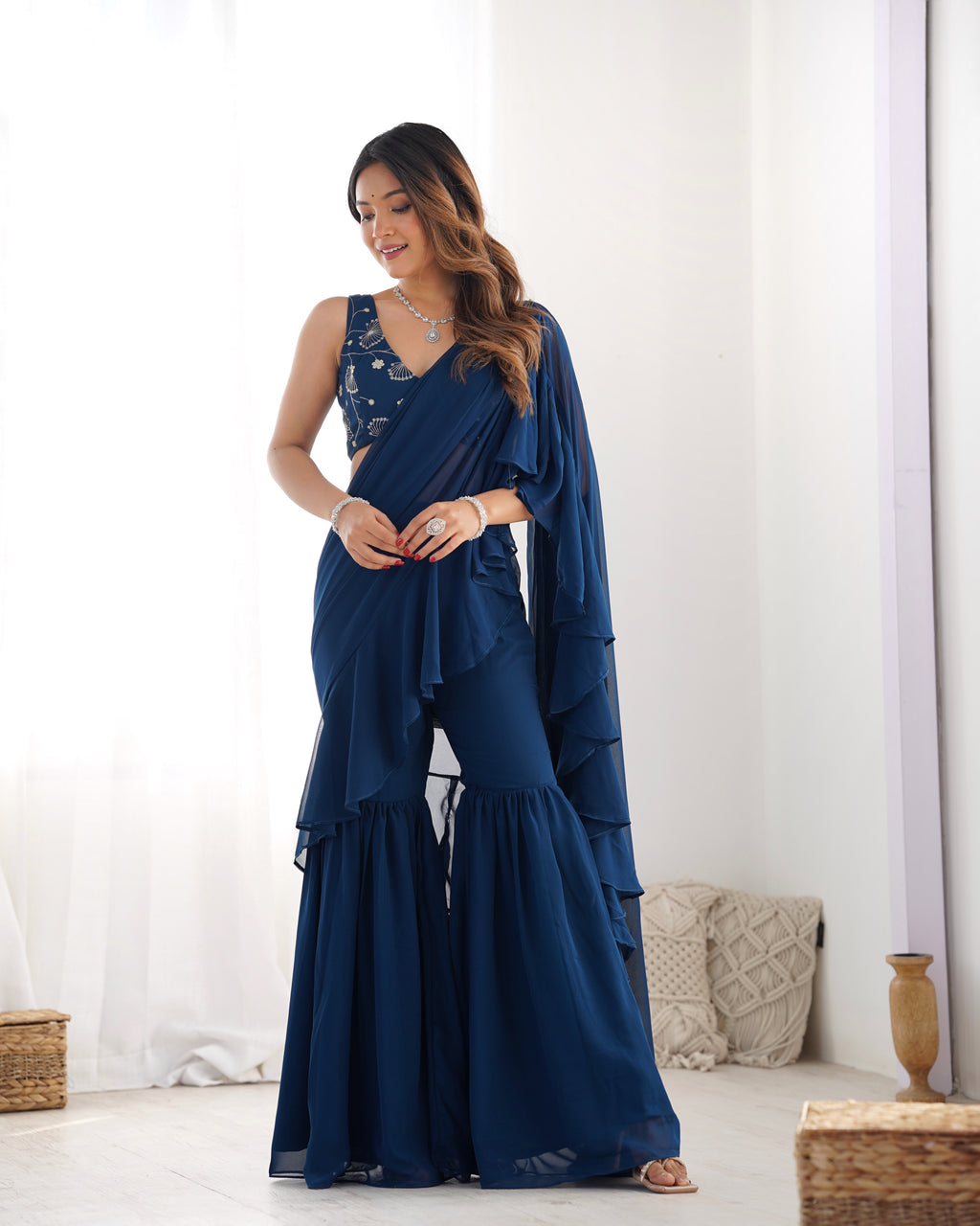 Fancy Pure Faux Georgette Sharara Style Saree
