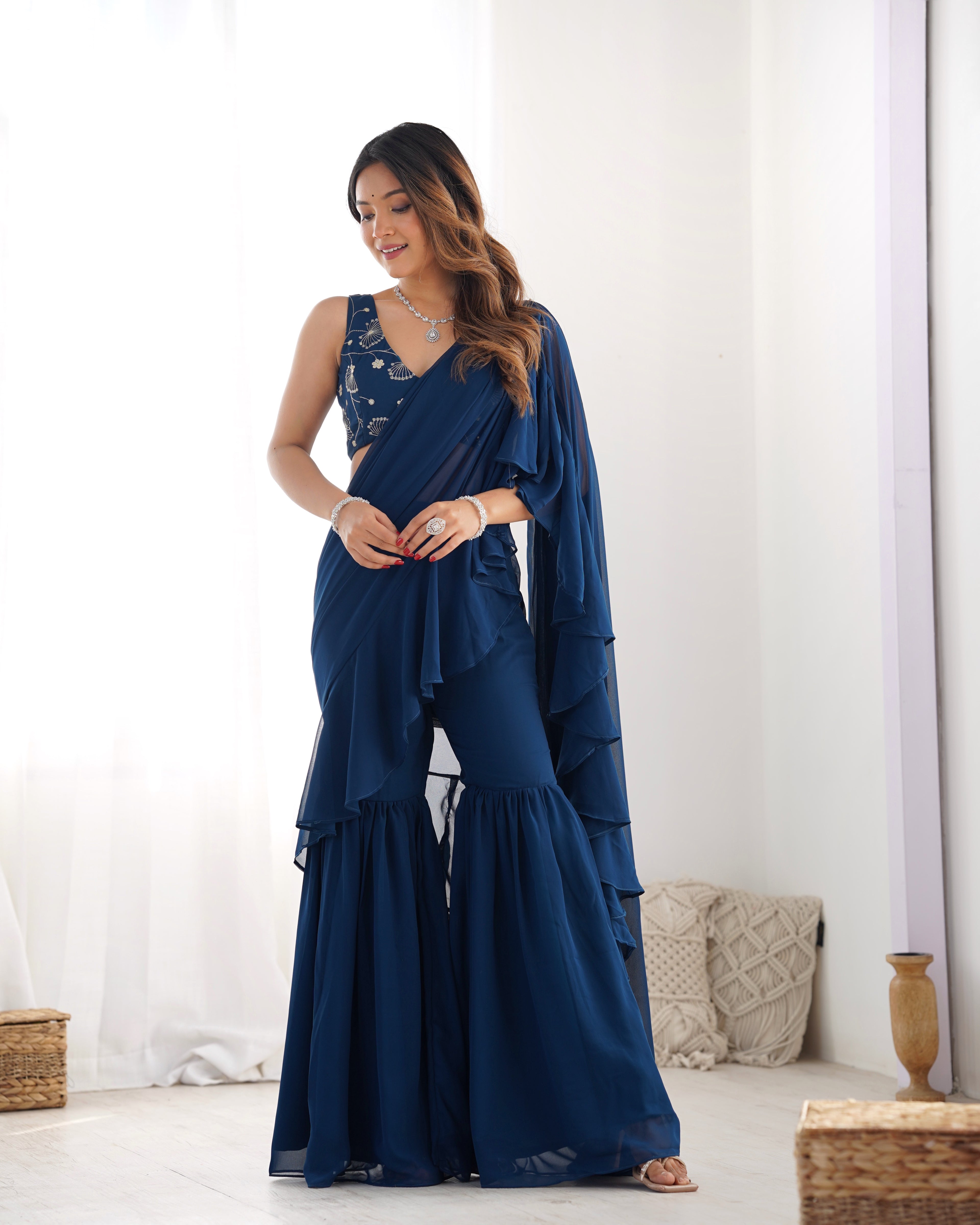 Fancy Pure Faux Georgette Sharara Style Saree
