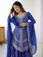 Stylish Blue Faux Georgette Designer Plazo Suit with Embroidered Dupatta
