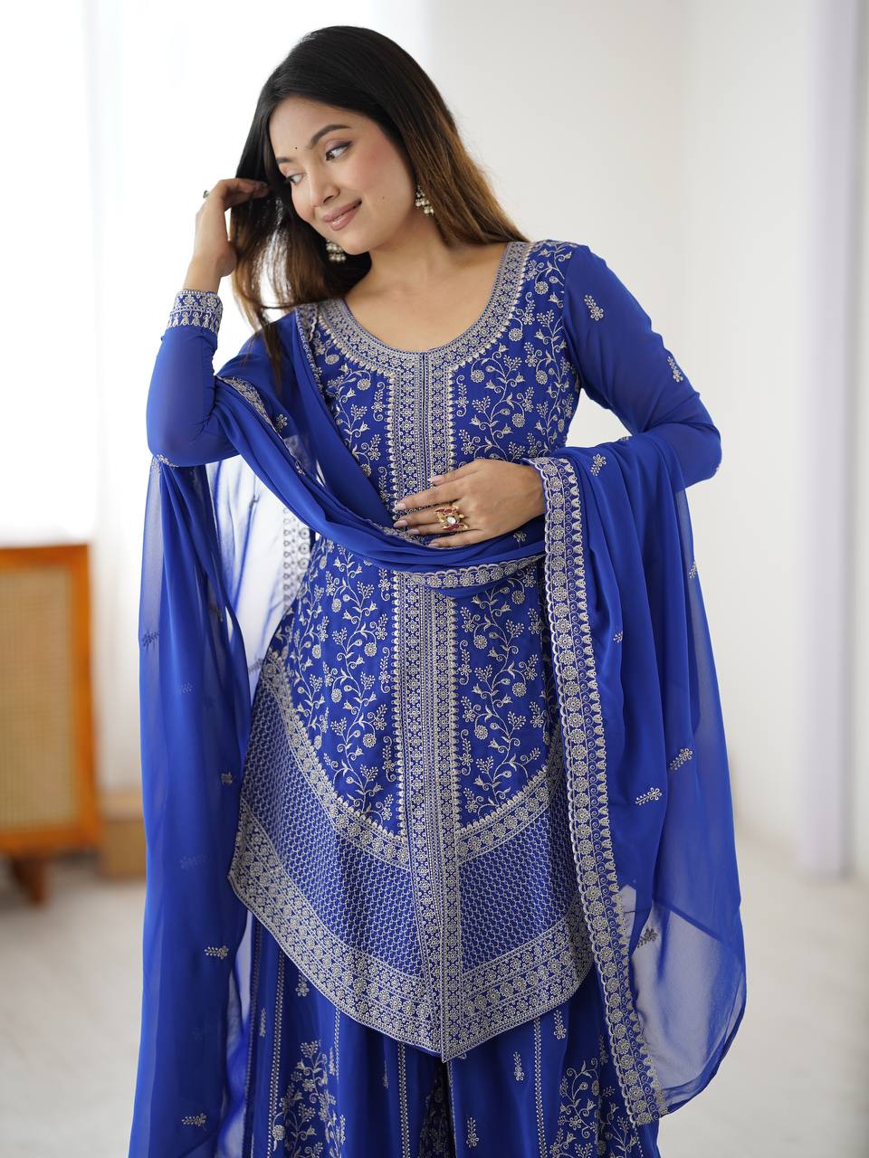 Stylish Blue Faux Georgette Designer Plazo Suit with Embroidered Dupatta

