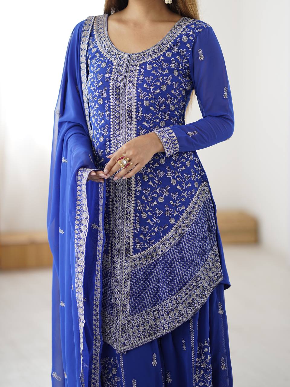 Stylish Blue Faux Georgette Designer Plazo Suit with Embroidered Dupatta
