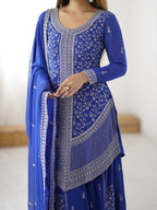 Stylish Blue Faux Georgette Designer Plazo Suit with Embroidered Dupatta
