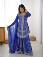 Stylish Blue Faux Georgette Designer Plazo Suit with Embroidered Dupatta
