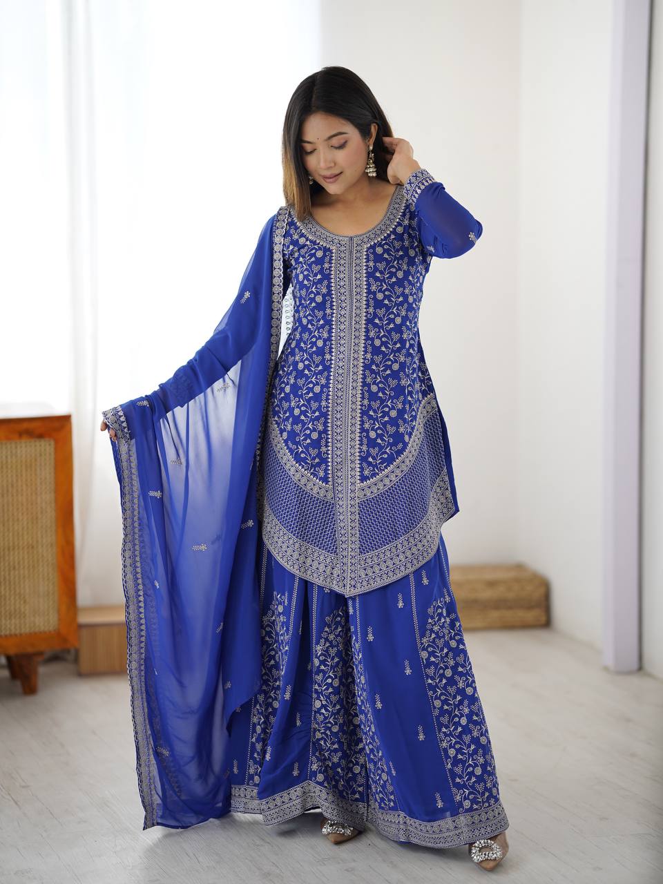 Stylish Blue Faux Georgette Designer Plazo Suit with Embroidered Dupatta
