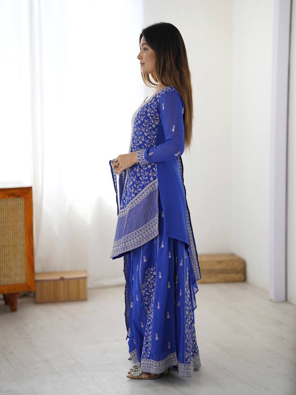 Stylish Blue Faux Georgette Designer Plazo Suit with Embroidered Dupatta
