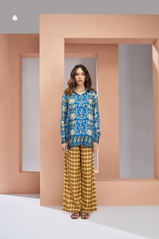 Royal Blue Floral Designer Pure Muslin Silk Co Ord Set