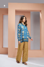 Royal Blue Floral Designer Pure Muslin Silk Co Ord Set