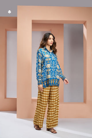 Royal Blue Floral Designer Pure Muslin Silk Co Ord Set