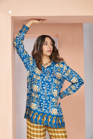 Royal Blue Floral Designer Pure Muslin Silk Co Ord Set