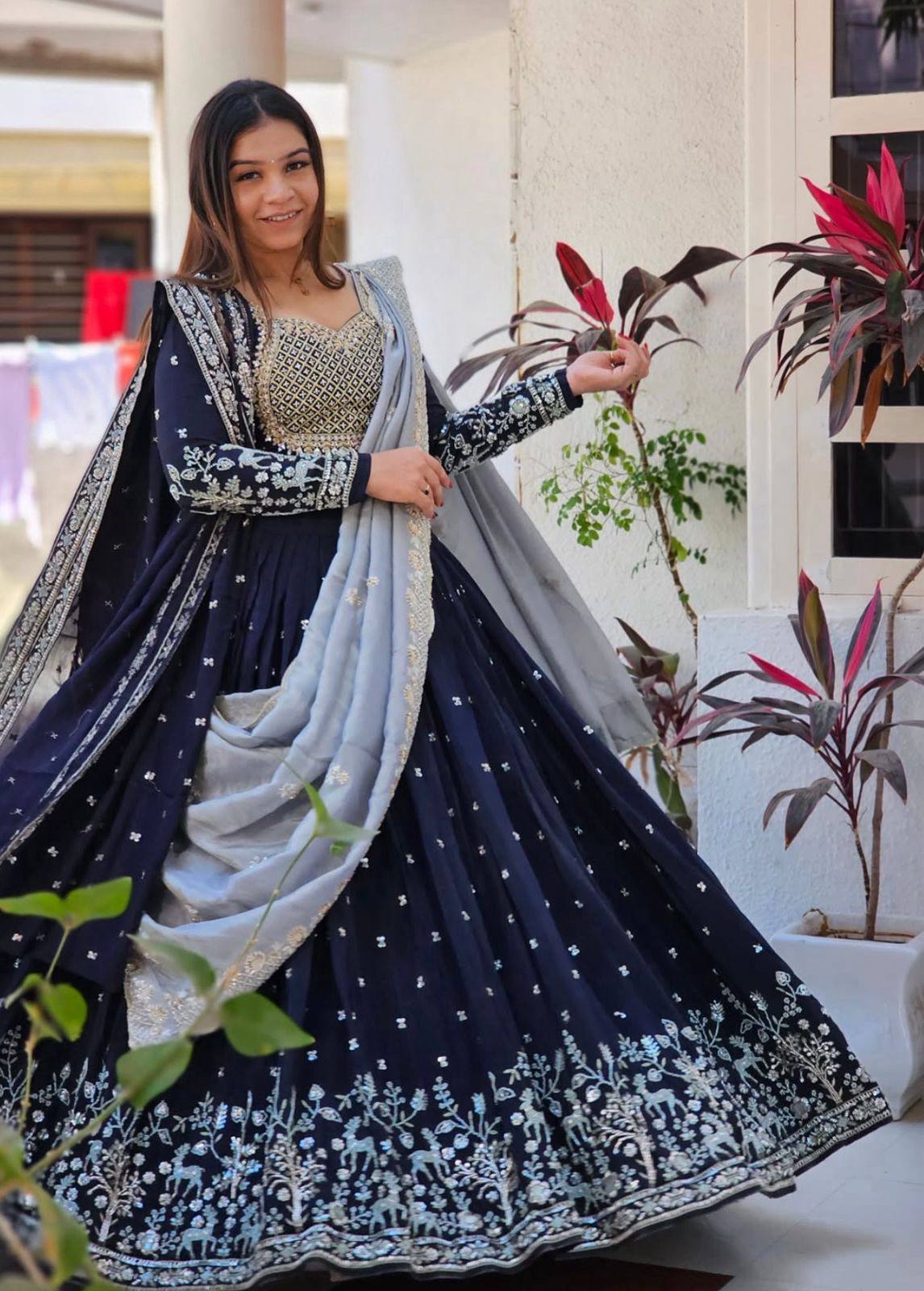 Blue Fox Georgette Lehenga Choli with Heavy Sequins and Embroidery Work