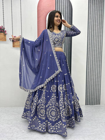 Heavy Sequence & Thread Work Blue Georgette Ready to Wear Lehenga Choli Set
