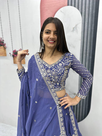 Heavy Sequence & Thread Work Blue Georgette Ready to Wear Lehenga Choli Set
